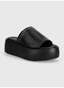 Kožené pantofle Calvin Klein FLATFORM SLIDE LTH dámské, černá barva, na platformě, HW0HW01943