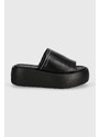 Kožené pantofle Calvin Klein FLATFORM SLIDE LTH dámské, černá barva, na platformě, HW0HW01943