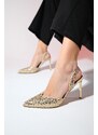 LuviShoes OVERAS Gold Sequined Pointed Toe Women's Thin Heeled Evening Shoes