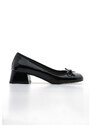 Marjin Women's Chunky Heel Bow Detail Flat Toe Classic Heeled Shoes Medve Black Patent Leather