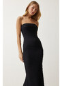 Happiness İstanbul Women's Black Strapless Slit Wrap Knitted Dress