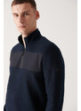 Avva Men's Navy Blue Zippered High Neck Parachute Fabric Detail Regular Fit Fleece Sweatshirt