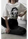 Madmext Ecru Women's Oversized Printed T-Shirt