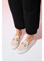 LuviShoes MARRAKECH Beige Denim Women's Buckled Loafer Shoes