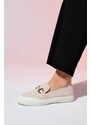 LuviShoes MARRAKECH Beige Denim Women's Buckled Loafer Shoes