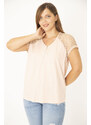 Şans Women's Plus Size Powder Cotton Fabric Front Pat with Zipper Lace Detailed Blouse