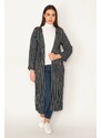 Şans Women's Plus Size Navy Blue Pocket Detailed Striped Cape