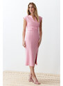 Trendyol Pink Body Wrap V-Neck Slit Detailed Woven Midi Dress