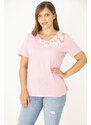 Şans Women's Plus Size Pink Cotton Fabric Lace Detail Blouse