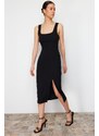 Trendyol Black Fitted/Body-Sitting Slit Square Collar Flexible Knitted Midi Dress