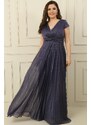 By Saygı V-Neck Waist And Front Draped Lined Pleated Silvery Long Crepe Dress