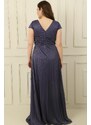 By Saygı V-Neck Waist And Front Draped Lined Pleated Silvery Long Crepe Dress