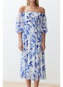 Trendyol Blue Floral Skater Chiffon Maxi Woven Dress