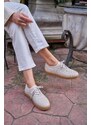 Madamra Women's Beige Mesh Textured Sneakers