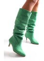 Shoeberry Women's Pia Green Suede Gathered Heel Boots Green Suede