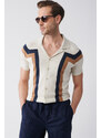 Avva Men's Beige Cuban Collar Color Block Buttoned Regular Fit Knitwear T-shirt