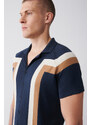 Avva Men's Navy Blue Cuban Collar Color Block Buttoned Regular Fit Knitwear T-shirt