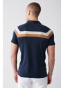 Avva Men's Navy Blue Cuban Collar Color Block Buttoned Regular Fit Knitwear T-shirt