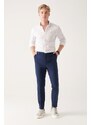 Avva Navy Blue Seersucker Textured Side Pocket Lycra Relaxed Fit Trousers