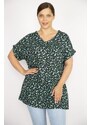 Şans Women's Green Plus Size Woven Viscose Fabric Floral Pattern Side Pockets Double Sleeve Blouse