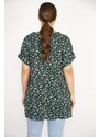 Şans Women's Green Plus Size Woven Viscose Fabric Floral Pattern Side Pockets Double Sleeve Blouse