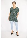 Şans Women's Green Plus Size Woven Viscose Fabric Floral Pattern Side Pockets Double Sleeve Blouse