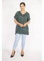 Şans Women's Green Plus Size Woven Viscose Fabric Floral Pattern Side Pockets Double Sleeve Blouse