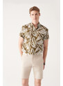 Avva Men's Khaki 100% Cotton Classic Collar Printed Short Sleeve Regular Fit Shirt