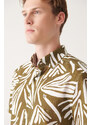 Avva Men's Khaki 100% Cotton Classic Collar Printed Short Sleeve Regular Fit Shirt