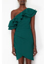 Trendyol Emerald Green Single Sleeve Ruffled Elegant Evening Dress