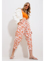 Trend Alaçatı Stili Women's Orange Patterned Wide Linen Trousers