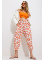 Trend Alaçatı Stili Women's Orange Patterned Wide Linen Trousers