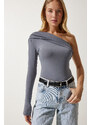 Happiness İstanbul Women's Gray One-Shoulder Gathered Detailed Knitted Blouse