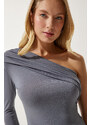 Happiness İstanbul Women's Gray One-Shoulder Gathered Detailed Knitted Blouse