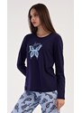 Vienetta Secret Dámské pyžamo dlouhé Motýl - tmavě modrá