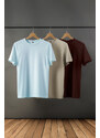 Trendyol Dark Brown-Stone-Light Blue Basic Slim Fit 100% Cotton 3-Pack T-Shirt