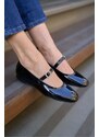 Madamra Black Patent Leather Women's Flat Toe Single Band Flat Shoes