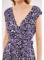 armonika Women's Purple Efta Dress Back And Front Double Double Breasted Belted Patterned Midi Length