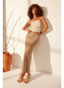 Trendyol Mink 100% Linen Elastic Waist High Waist Midi Skirt
