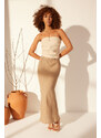 Trendyol Mink 100% Linen Elastic Waist High Waist Midi Skirt