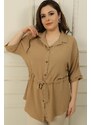 By Saygı Belted Waist and Front Buttoned Plus Size Ayrobin Tunic Shirt