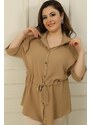 By Saygı Belted Waist and Front Buttoned Plus Size Ayrobin Tunic Shirt