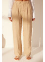 Trendyol Beige 100% Linen Pleated High Waist Wide Leg Trousers