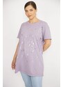 Şans Women's Plus Size Lilac Sequin And Stone Embroidered Crew Neck Blouse