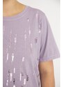 Şans Women's Plus Size Lilac Sequin And Stone Embroidered Crew Neck Blouse