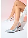 LuviShoes PLOVA Silver Shiny Pointed Toe Open Back Stiletto Heel Shoes