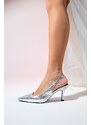 LuviShoes PLOVA Silver Shiny Pointed Toe Open Back Stiletto Heel Shoes