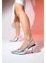 LuviShoes PLOVA Silver Shiny Pointed Toe Open Back Stiletto Heel Shoes