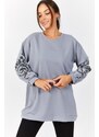 armonika Women's Gray Round Neck Tunic With Embossed Sleeves