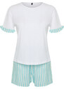 Trendyol White 100% Cotton Striped Knitted Pajamas Set With Bag Gift